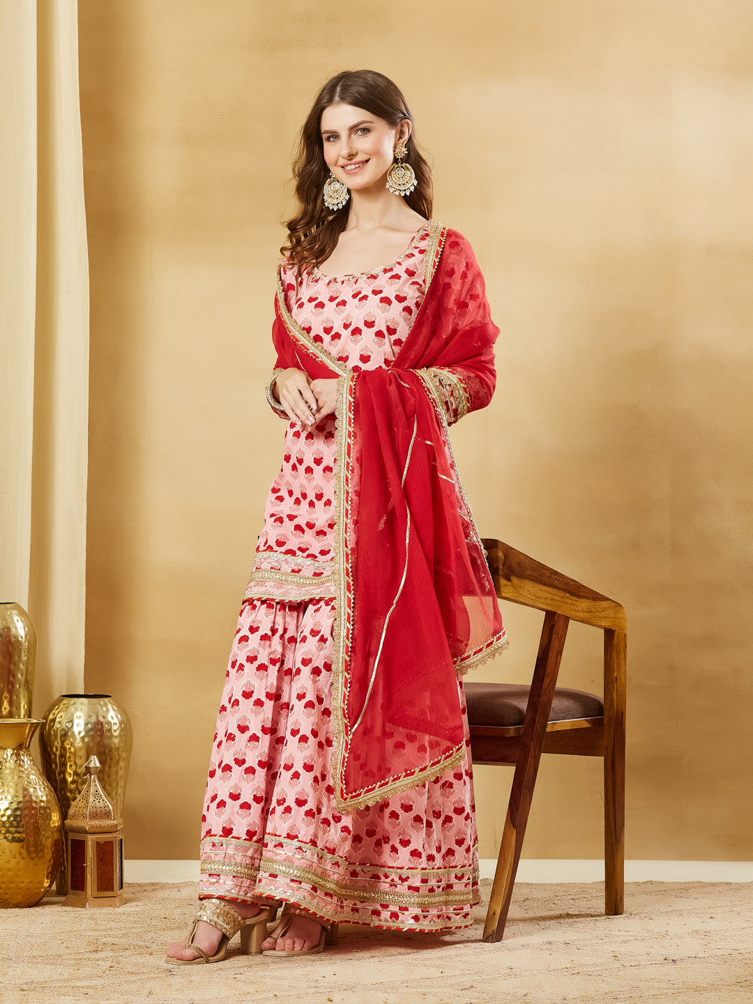 Divena Pink Hand Block Cotton Kurta Sharara Set with Dupatta