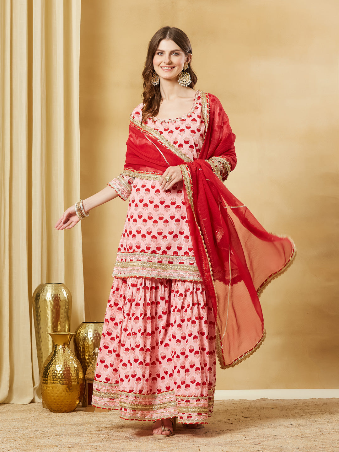 Divena Pink Hand Block Cotton Kurta Sharara Set with Dupatta