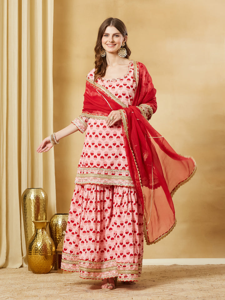 Divena Pink Hand Block Cotton Kurta Sharara Set with Dupatta