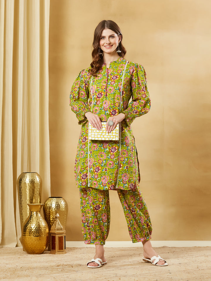 Divena Green Cotton Kurta With Harem Pant Set
