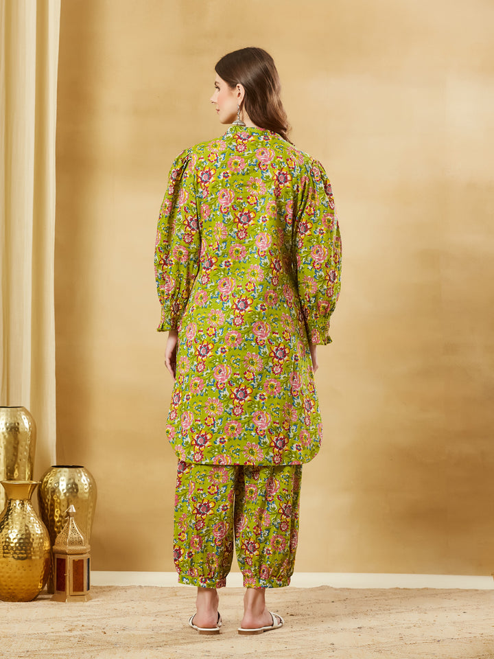 Divena Green Cotton Kurta With Harem Pant Set