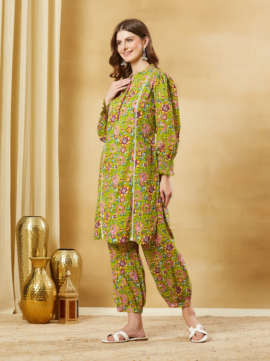 Divena Green Cotton Kurta With Harem Pant Set
