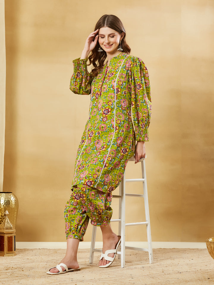 Divena Green Cotton Kurta With Harem Pant Set