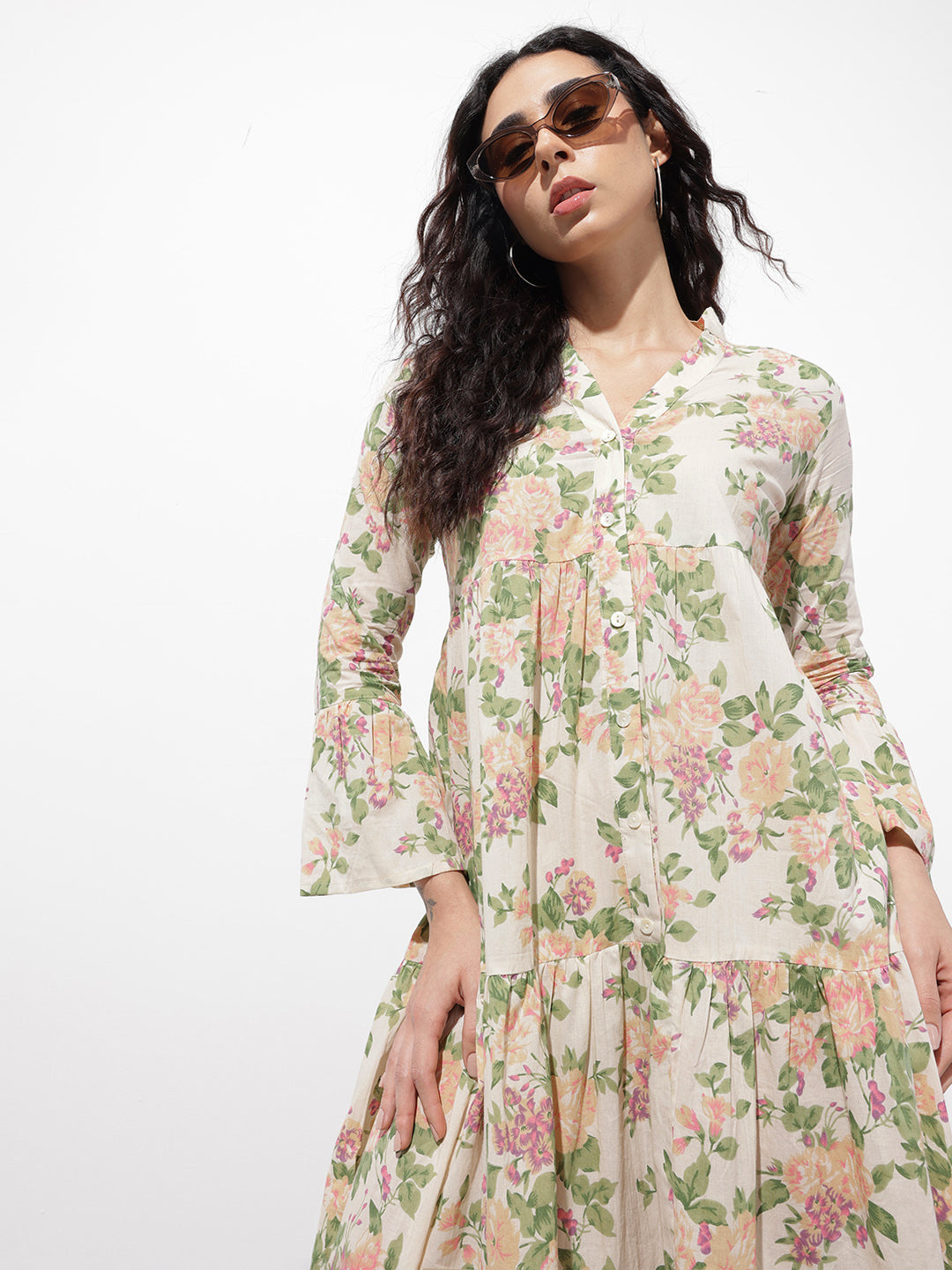 Divena Cream Mandarin Coller Floral Print Cotton Midi Dress