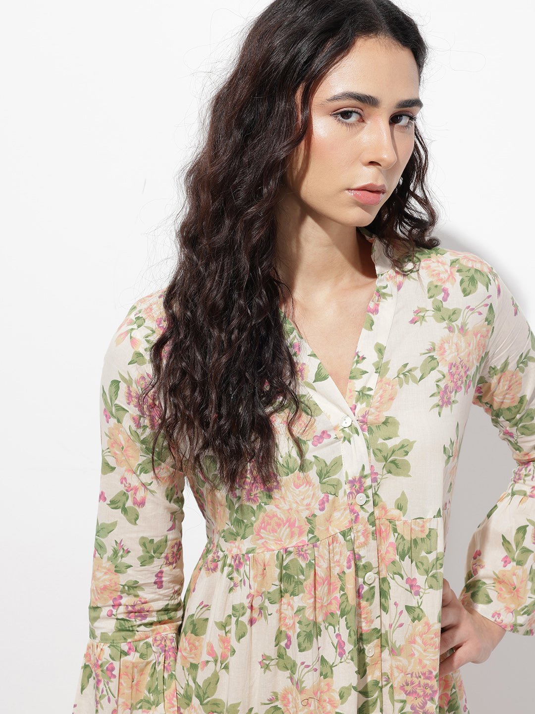 Divena Cream Mandarin Coller Floral Print Cotton Midi Dress