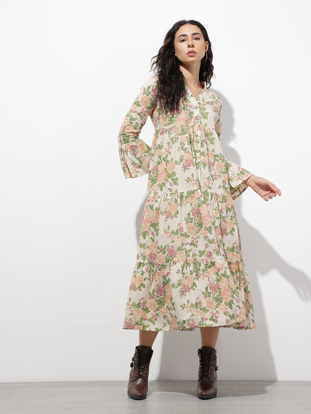 Divena Cream Mandarin Coller Floral Print Cotton Midi Dress