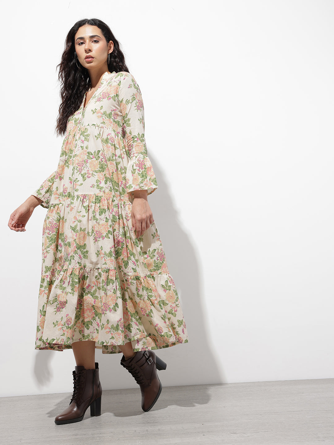 Divena Cream Mandarin Coller Floral Print Cotton Midi Dress
