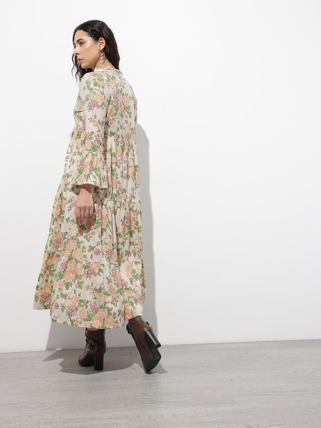 Divena Cream Mandarin Coller Floral Print Cotton Midi Dress