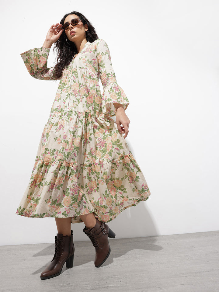 Divena Cream Mandarin Coller Floral Print Cotton Midi Dress