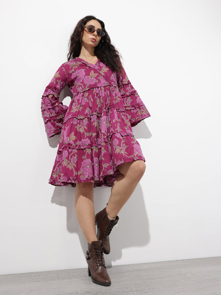 Divena Purple V-Neck Midi Cotton Dress