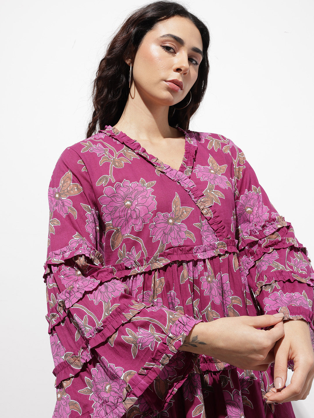 Divena Purple V-Neck Midi Cotton Dress