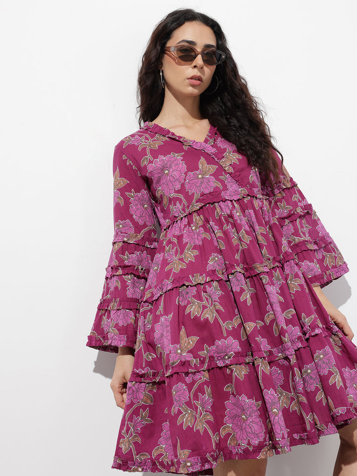 Divena Purple V-Neck Midi Cotton Dress