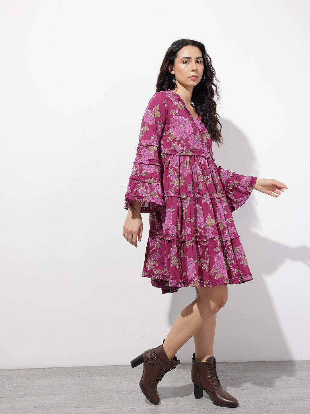 Divena Purple V-Neck Midi Cotton Dress