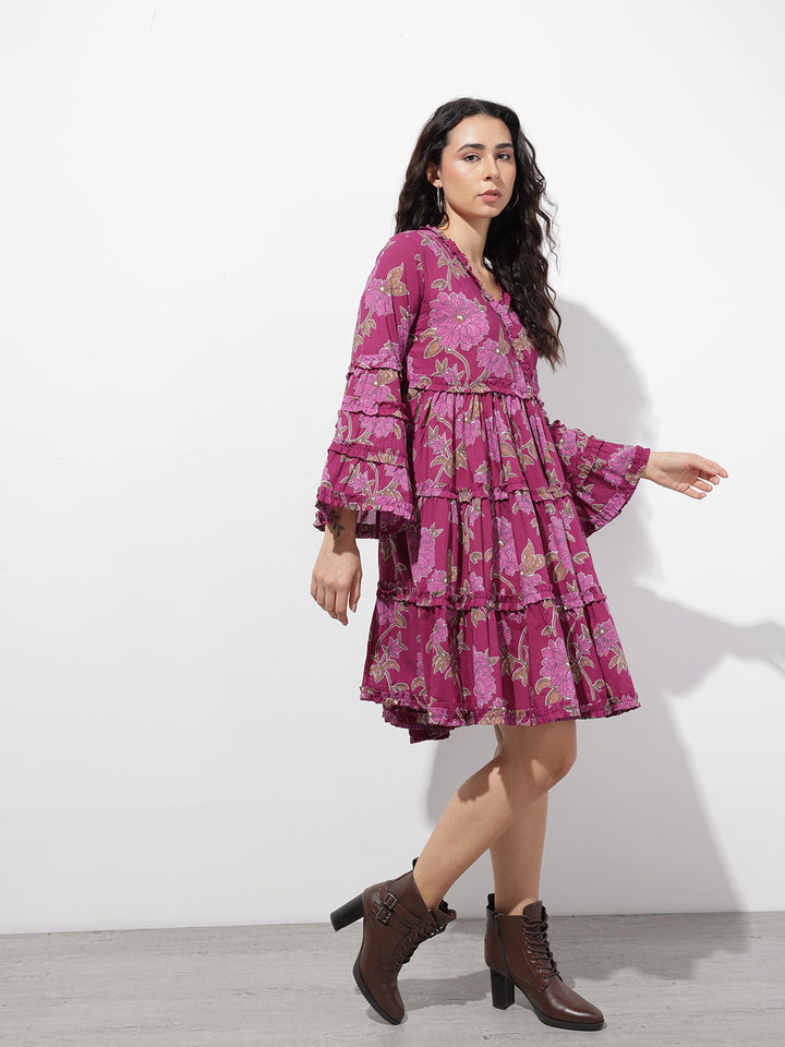 Divena Purple V-Neck Midi Cotton Dress