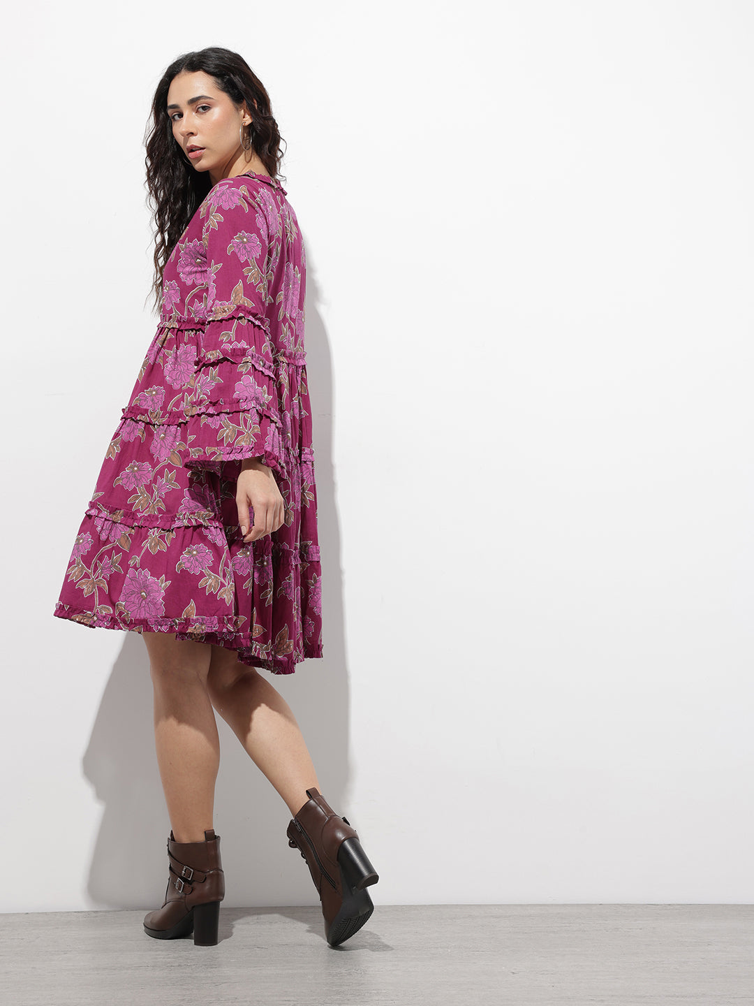 Divena Purple V-Neck Midi Cotton Dress