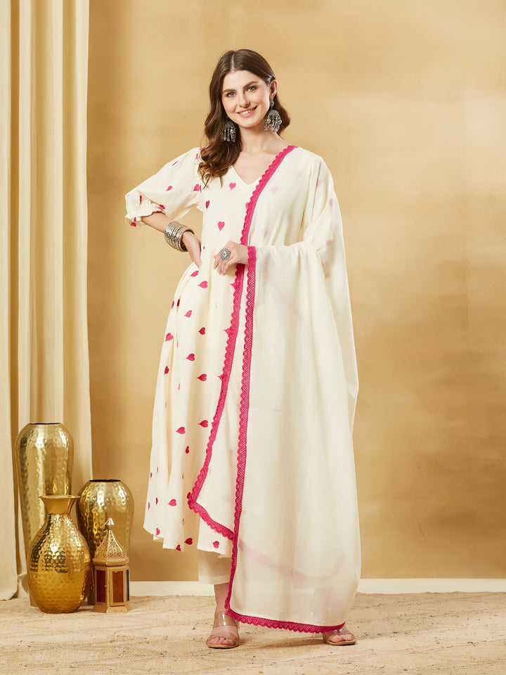 Divena Cream Heart Embroidered Cotton Anarkali Kurta Pant Set With Dupatta