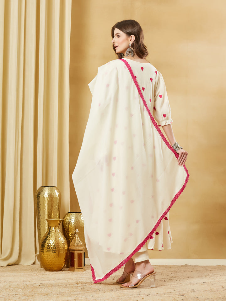 Divena Cream Heart Embroidered Cotton Anarkali Kurta Pant Set With Dupatta