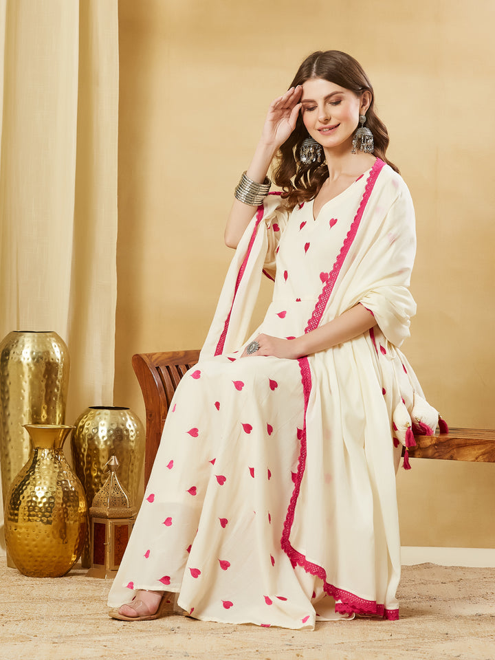 Divena Cream Heart Embroidered Cotton Anarkali Kurta Pant Set With Dupatta