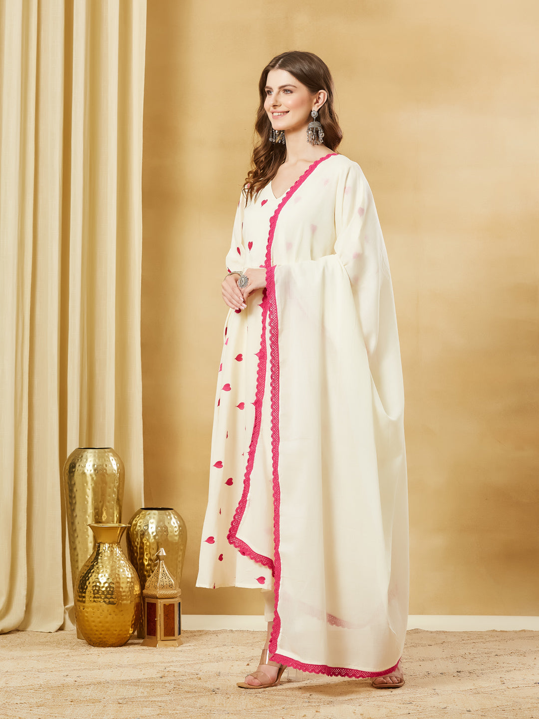 Divena Cream Heart Embroidered Cotton Anarkali Kurta Pant Set With Dupatta