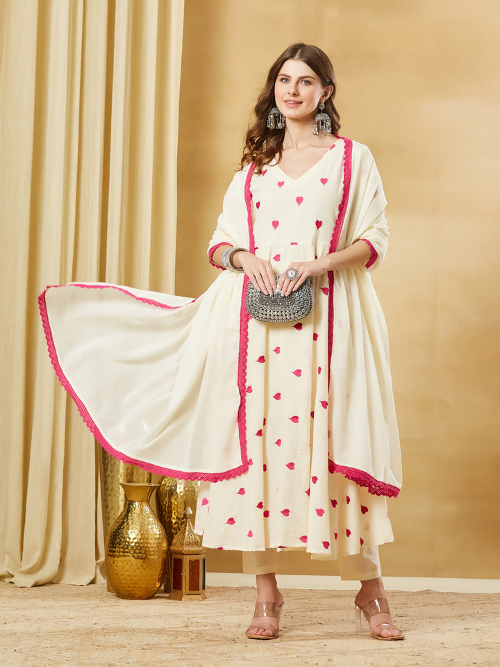 Divena Cream Heart Embroidered Cotton Anarkali Kurta Pant Set With Dupatta