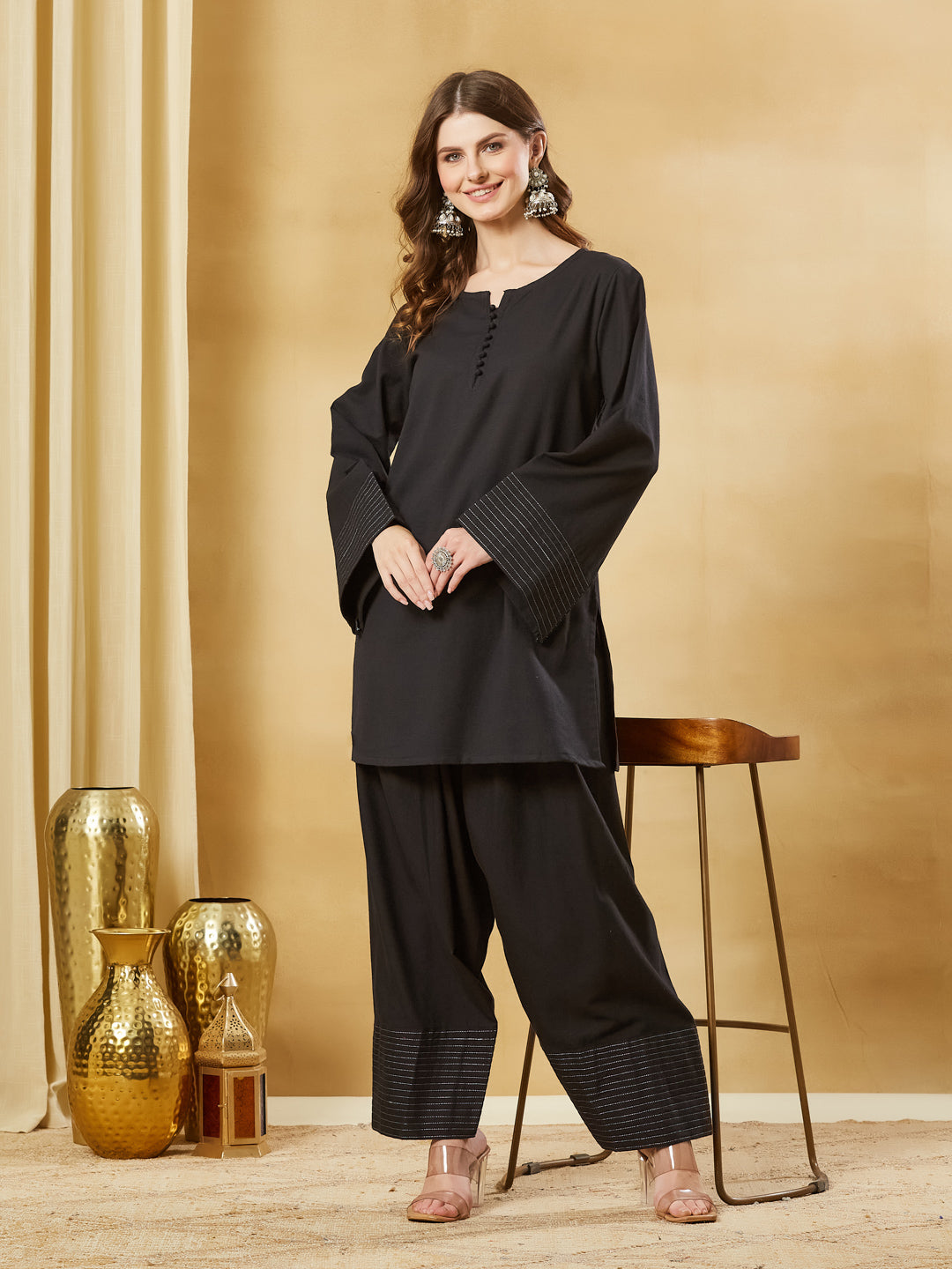 Divena Black Solid Cotton Farshi Salwar Set