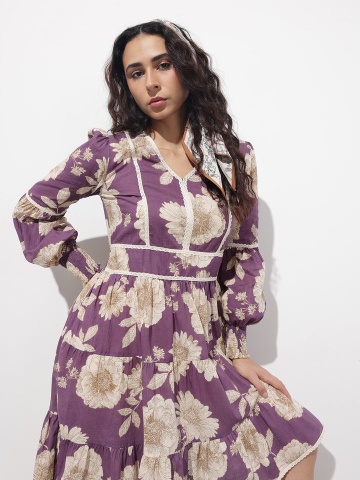 Divena Purple V-Neck Midi Cotton Dress