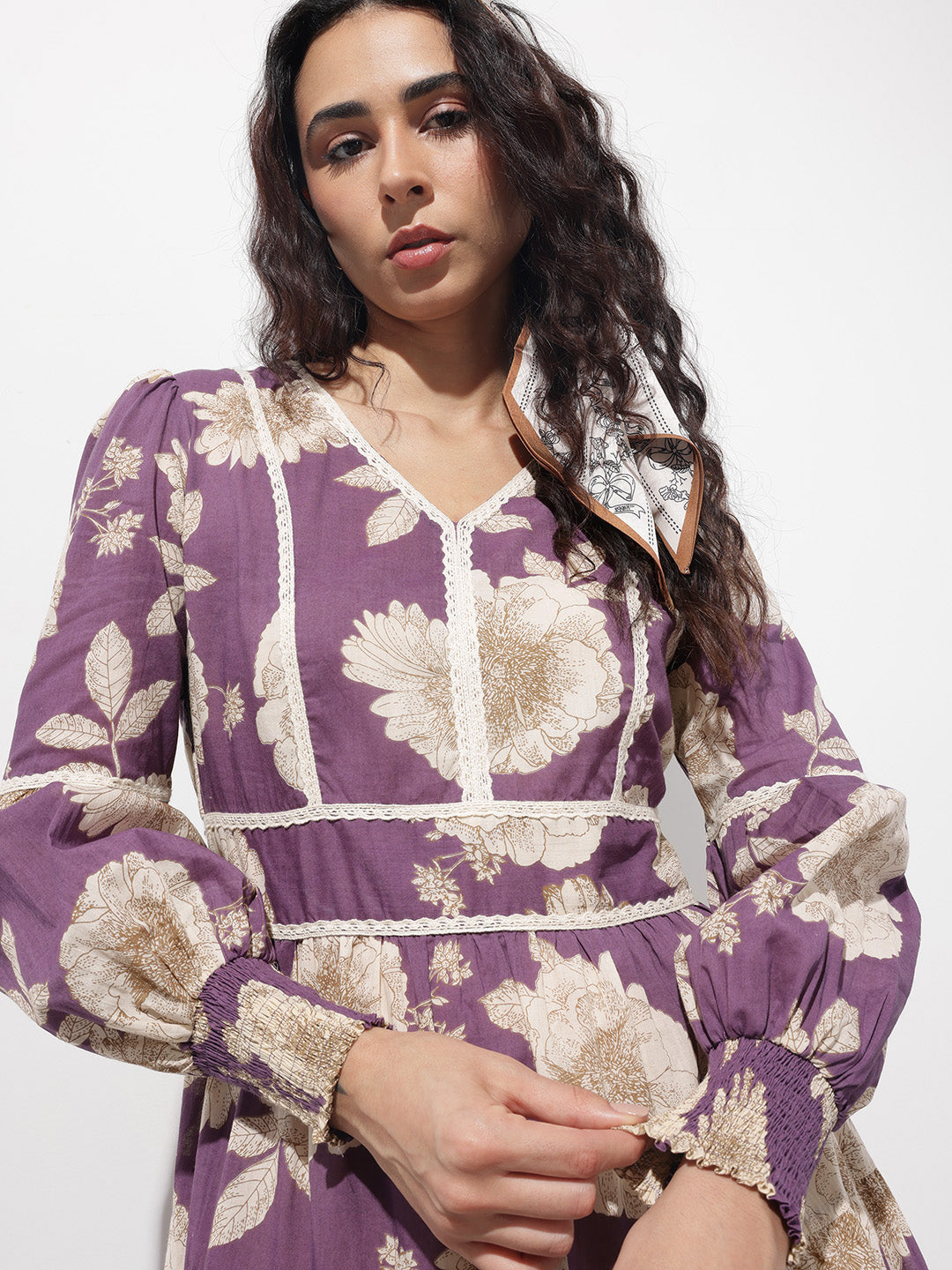 Divena Purple V-Neck Midi Cotton Dress