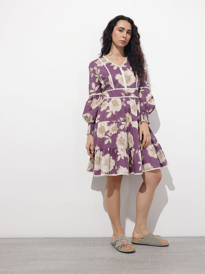 Divena Purple V-Neck Midi Cotton Dress