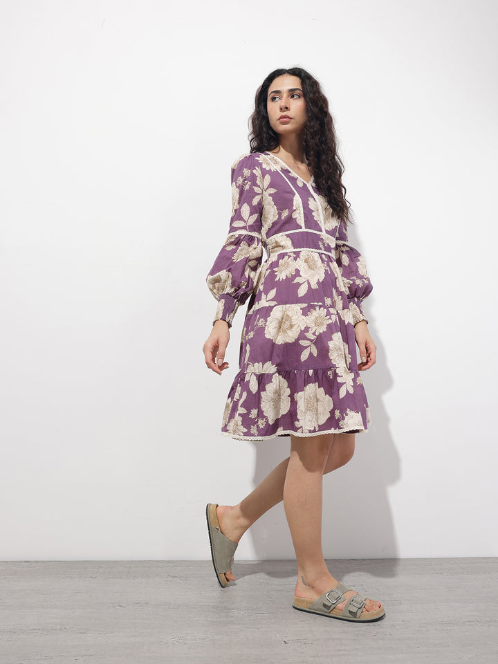Divena Purple V-Neck Midi Cotton Dress