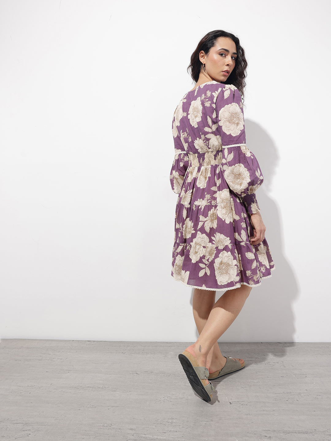 Divena Purple V-Neck Midi Cotton Dress