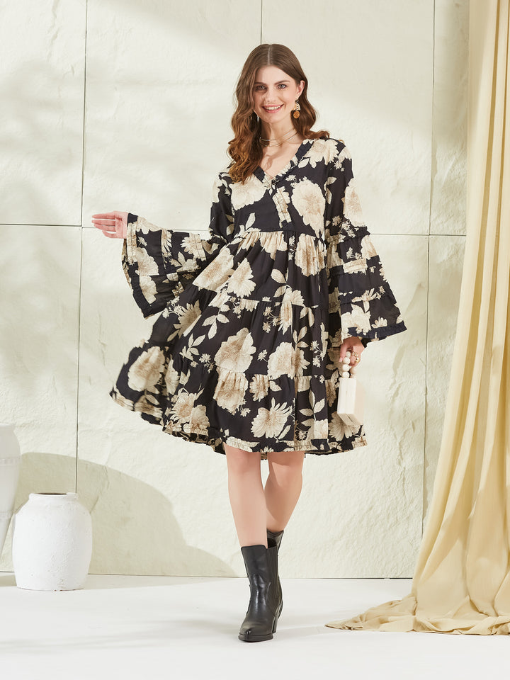 Divena Black Cotton V-Neck Knee length Dress