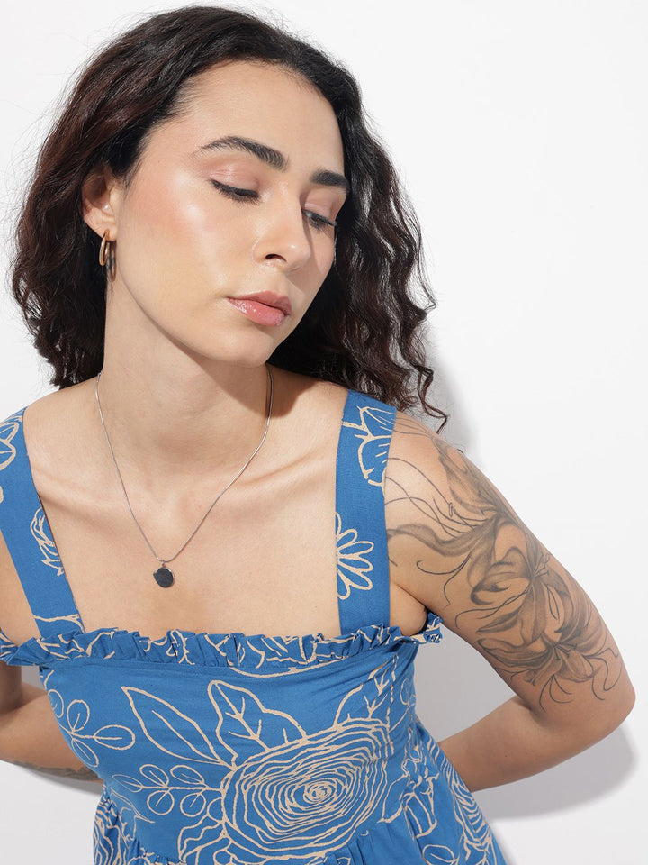 Divena Blue Shoulder Strap Poplin Cotton Mini Dress