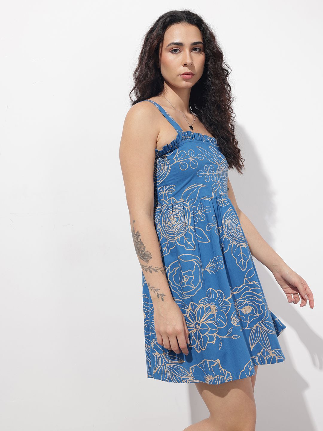 Divena Blue Shoulder Strap Poplin Cotton Mini Dress