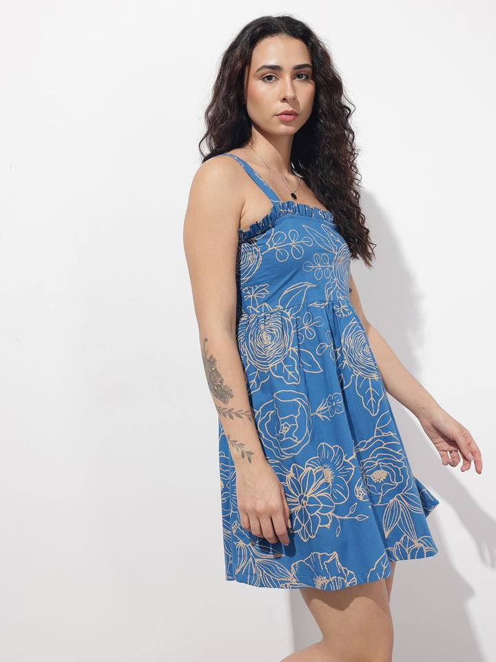 Divena Blue Shoulder Strap Poplin Cotton Mini Dress