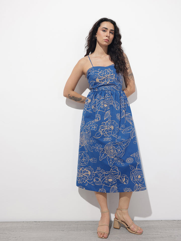 Divena Blue Shoulder Strap Poplin Cotton Midi Dress