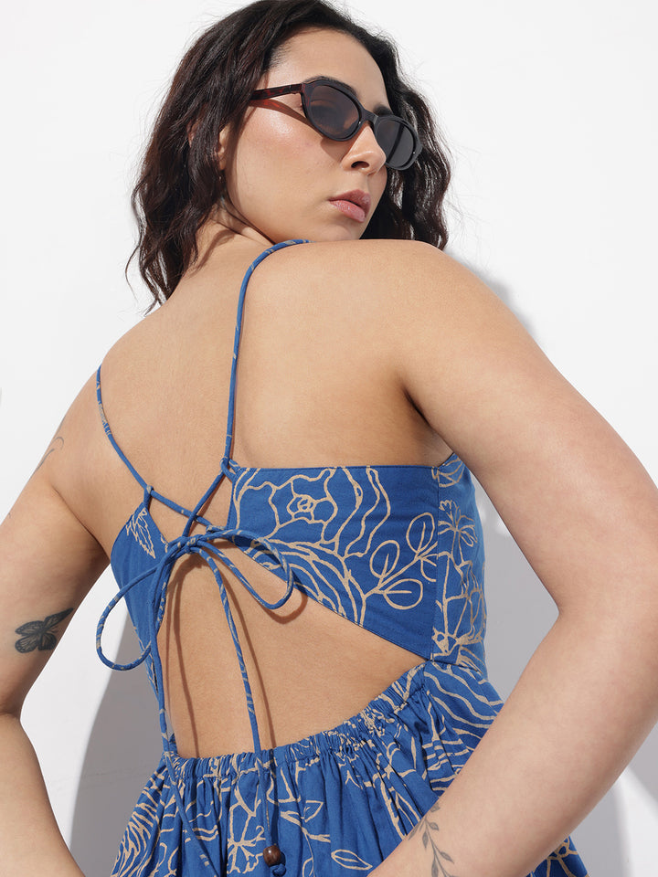 Divena Blue Shoulder Strap Poplin Cotton Midi Dress