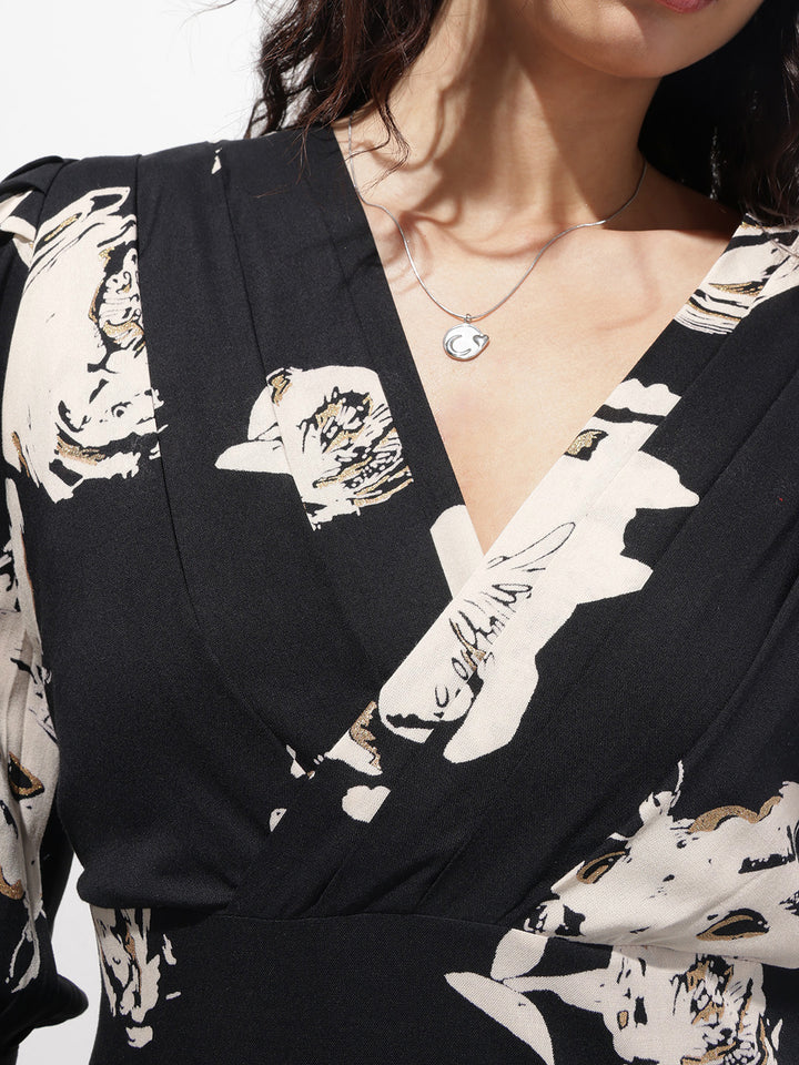 Divena Black V-Neck Midi Rayon Dress