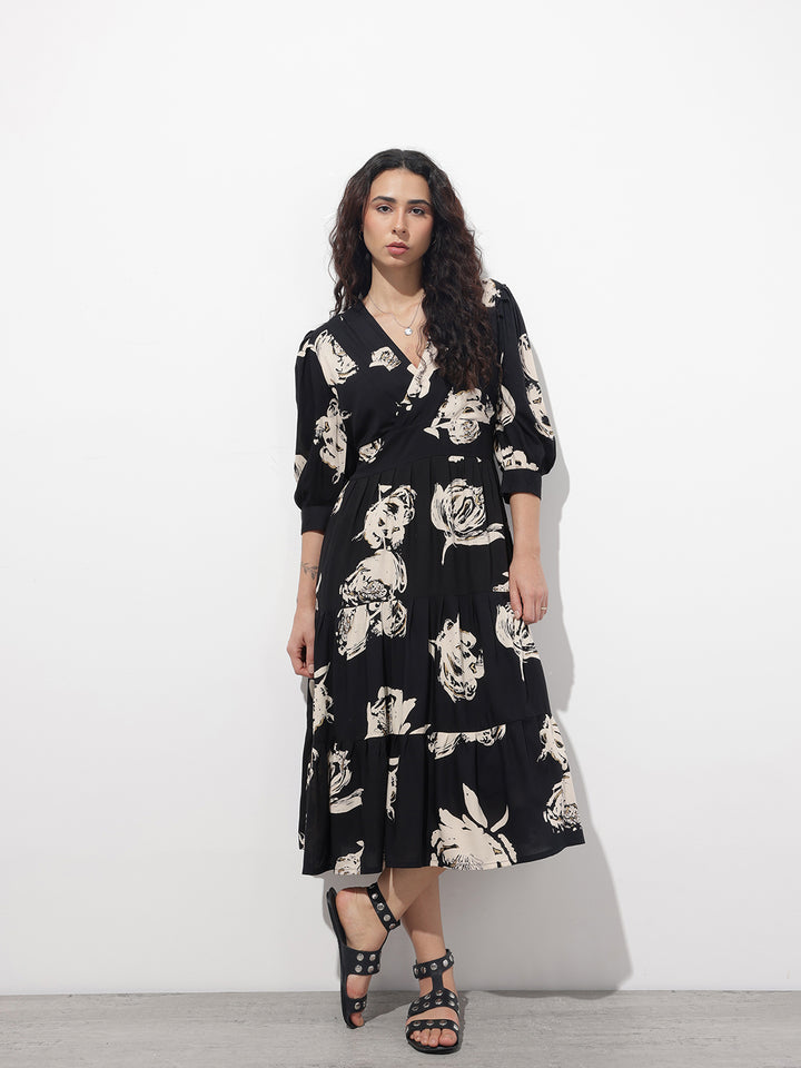 Divena Black V-Neck Midi Rayon Dress