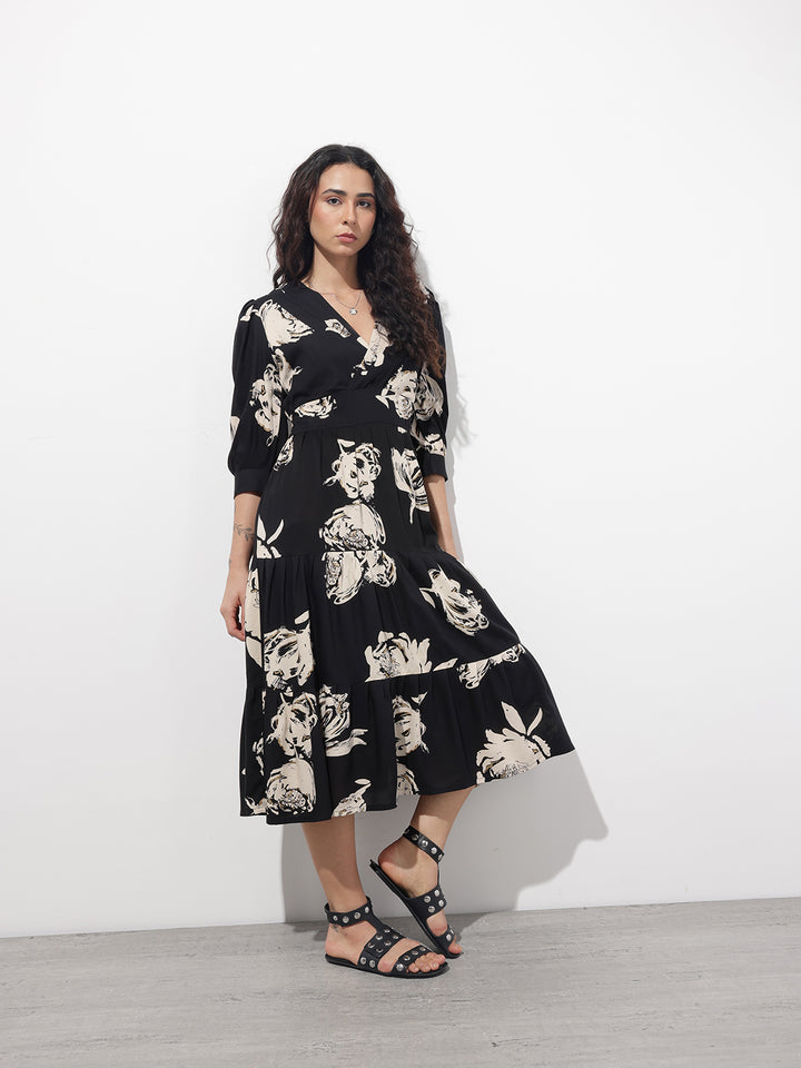 Divena Black V-Neck Midi Rayon Dress