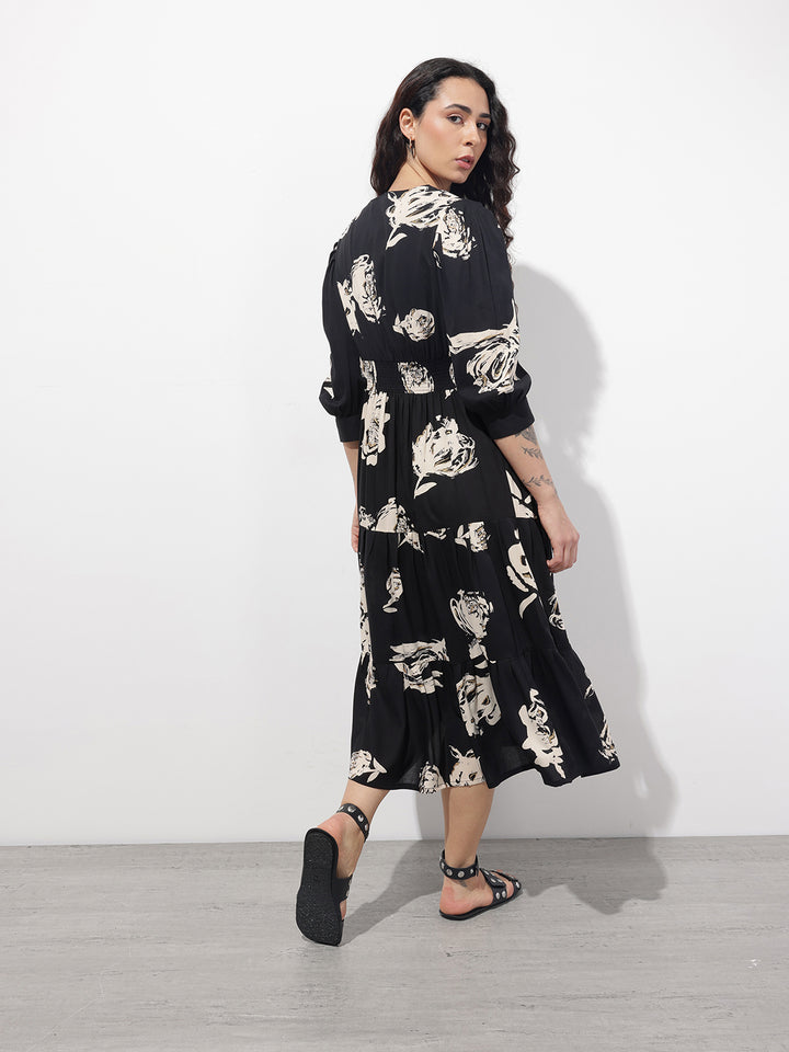 Divena Black V-Neck Midi Rayon Dress