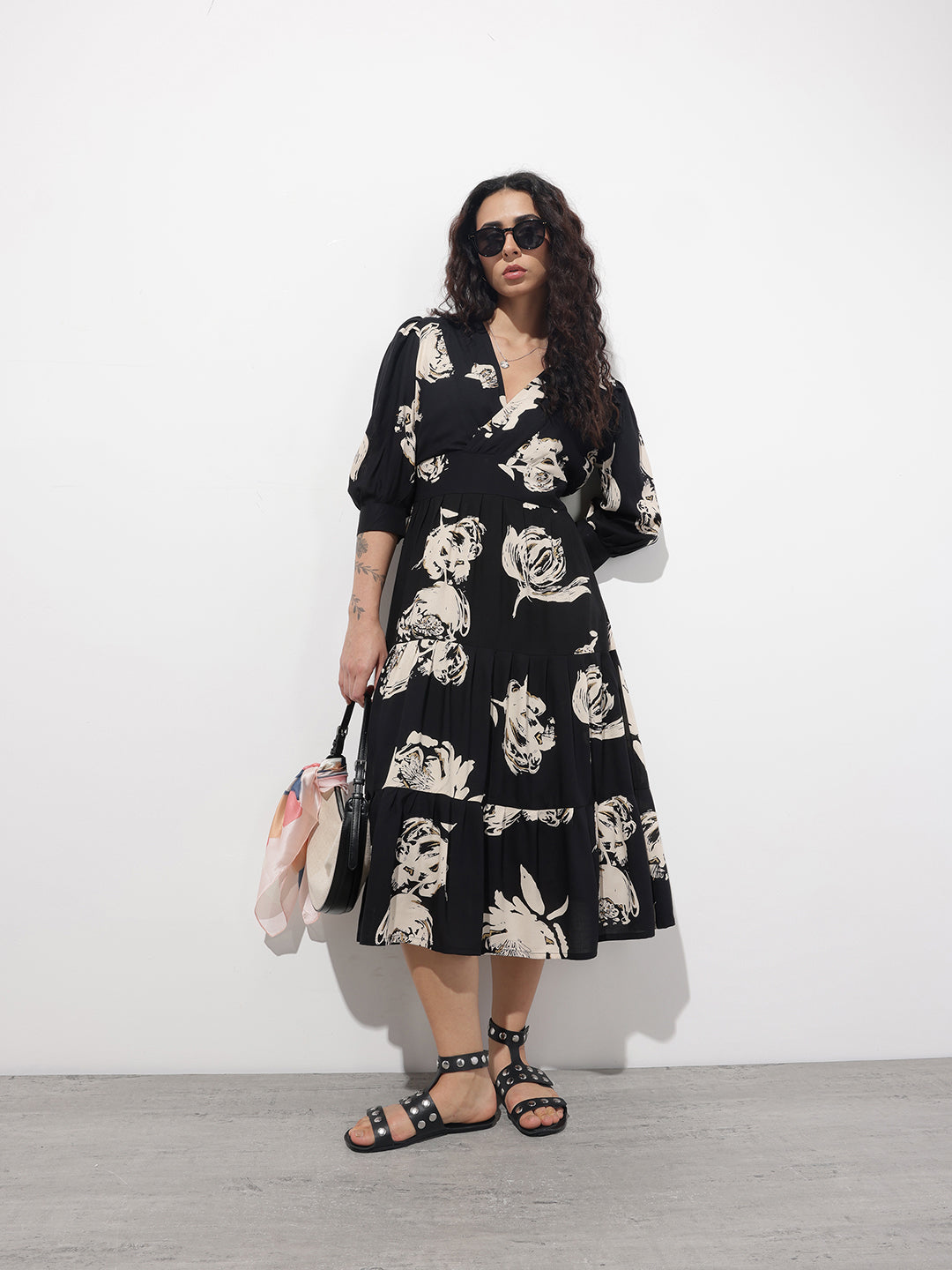 Divena Black V-Neck Midi Rayon Dress