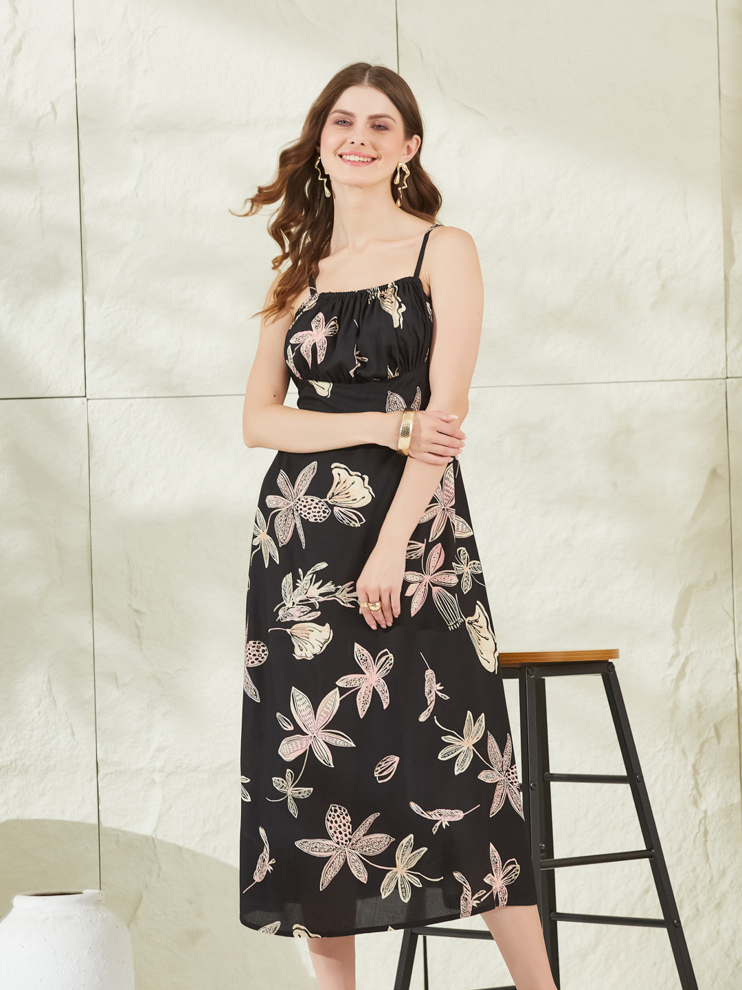 Divena Black Rayon Shoulder Strap Midi Dress