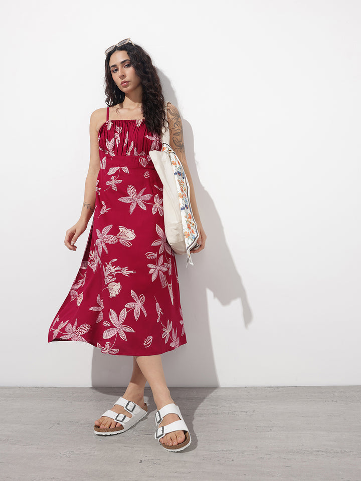 Divena Maroon Shoulder Strapes Fit & Flared Rayon Dress