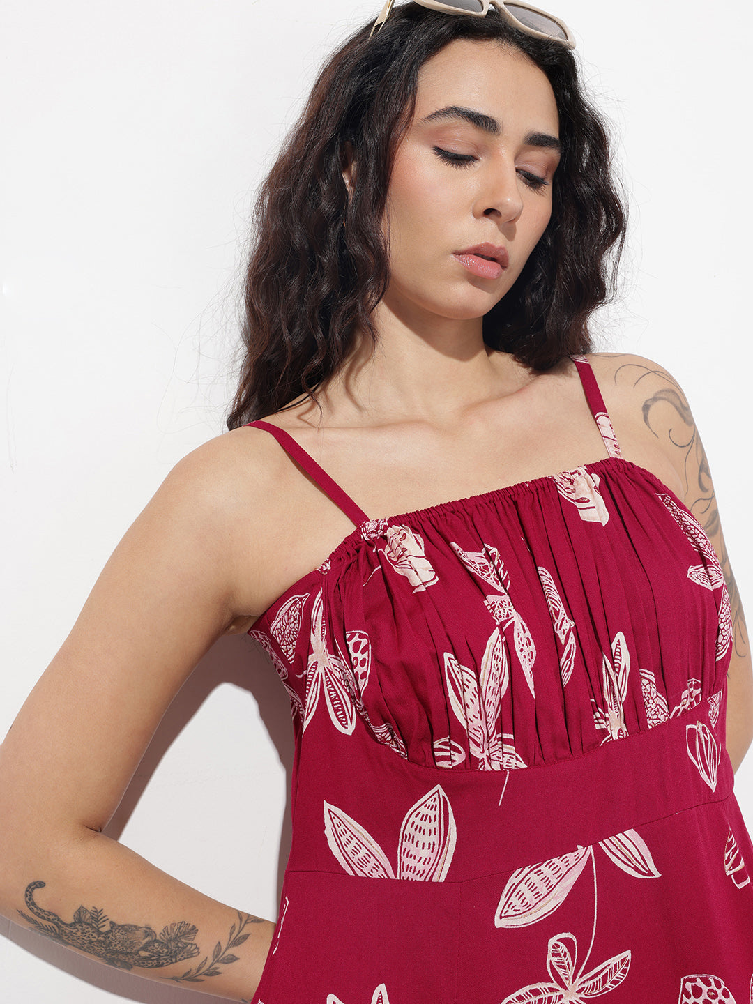 Divena Maroon Shoulder Strapes Fit & Flared Rayon Dress