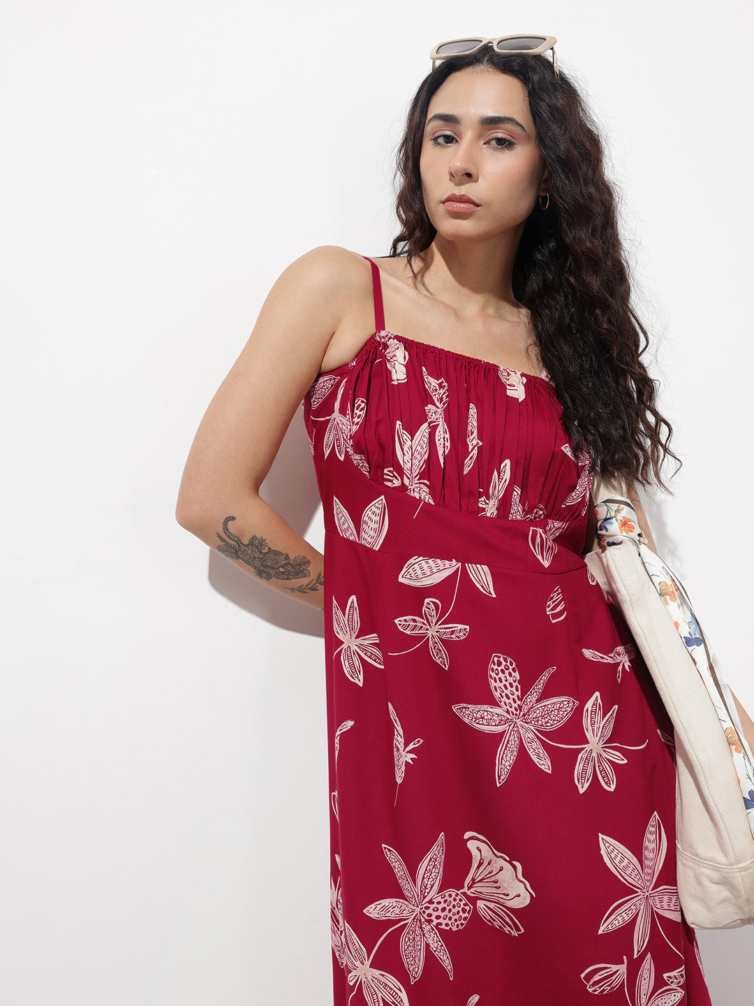 Divena Maroon Shoulder Strapes Fit & Flared Rayon Dress