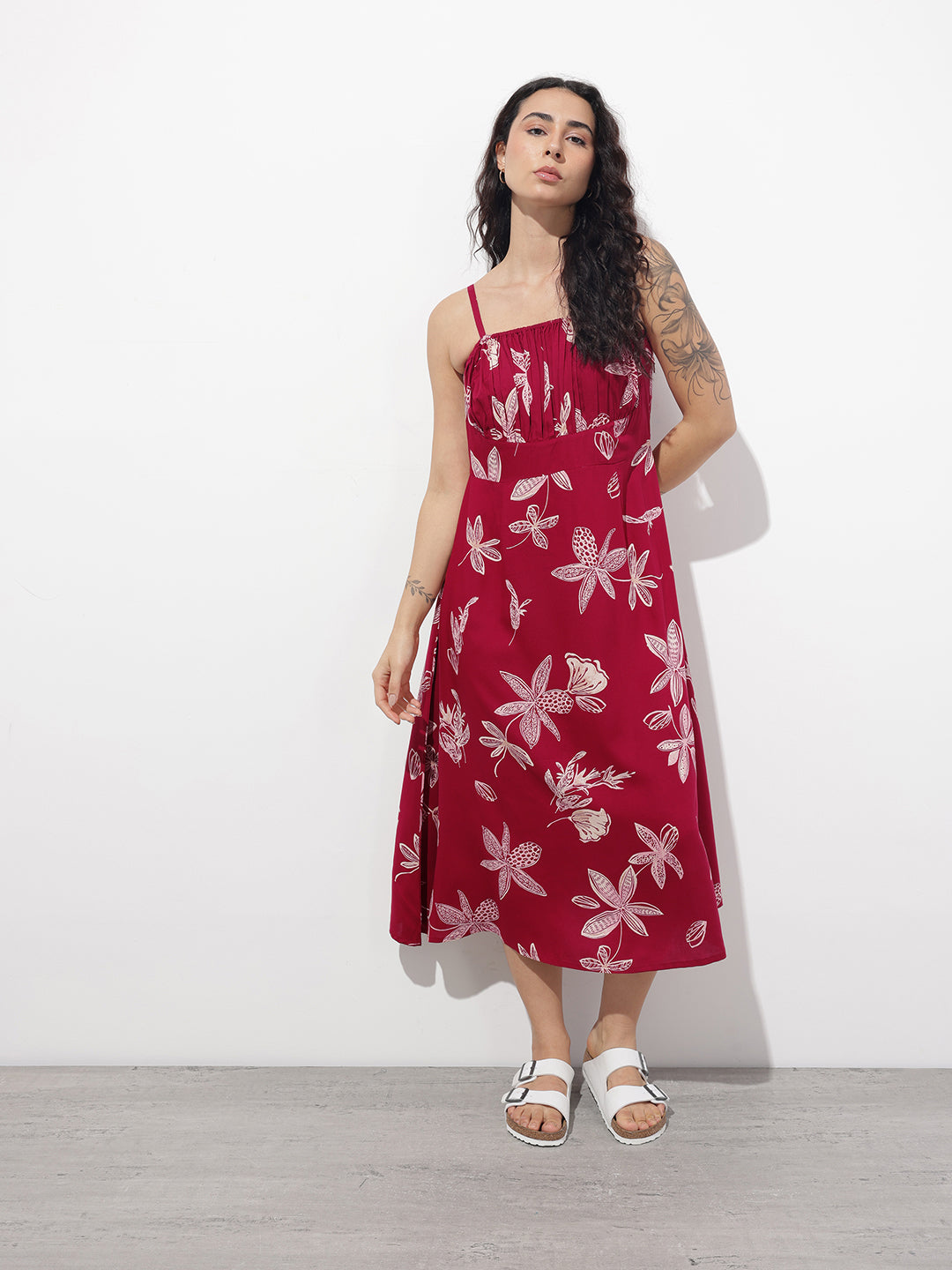 Divena Maroon Shoulder Strapes Fit & Flared Rayon Dress