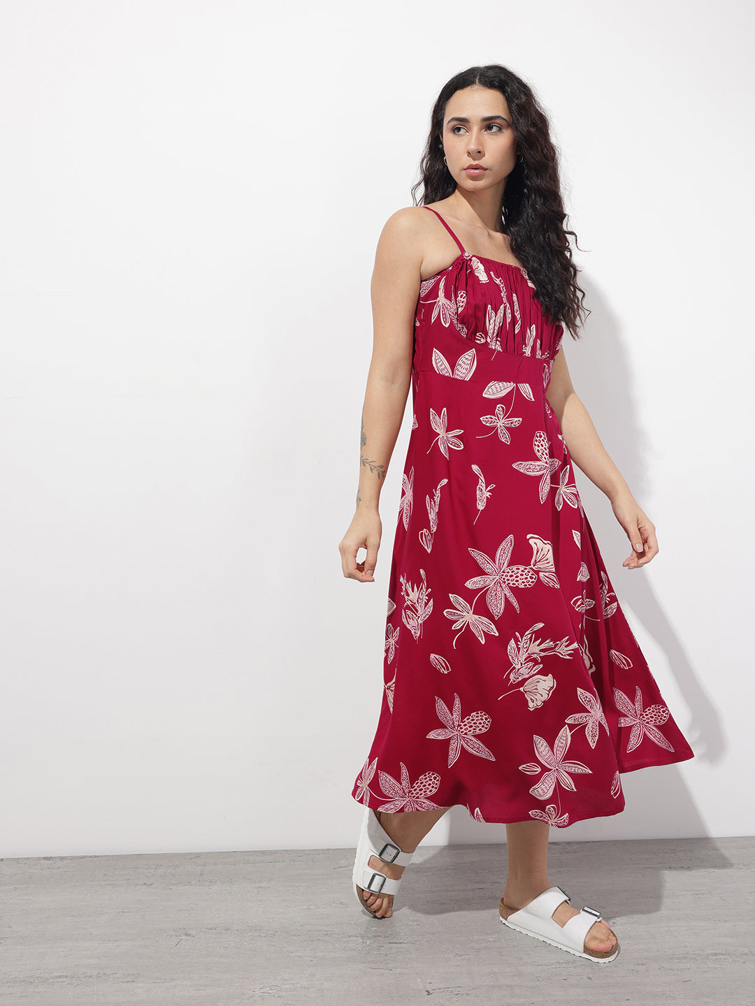 Divena Maroon Shoulder Strapes Fit & Flared Rayon Dress