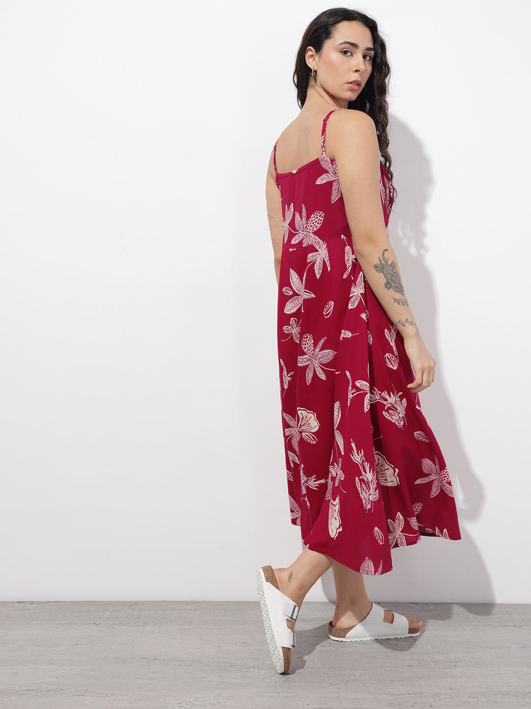 Divena Maroon Shoulder Strapes Fit & Flared Rayon Dress