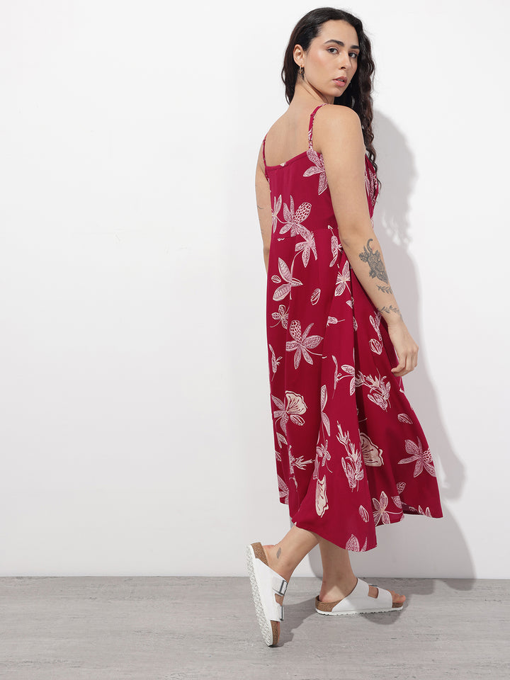 Divena Maroon Shoulder Strapes Fit & Flared Rayon Dress