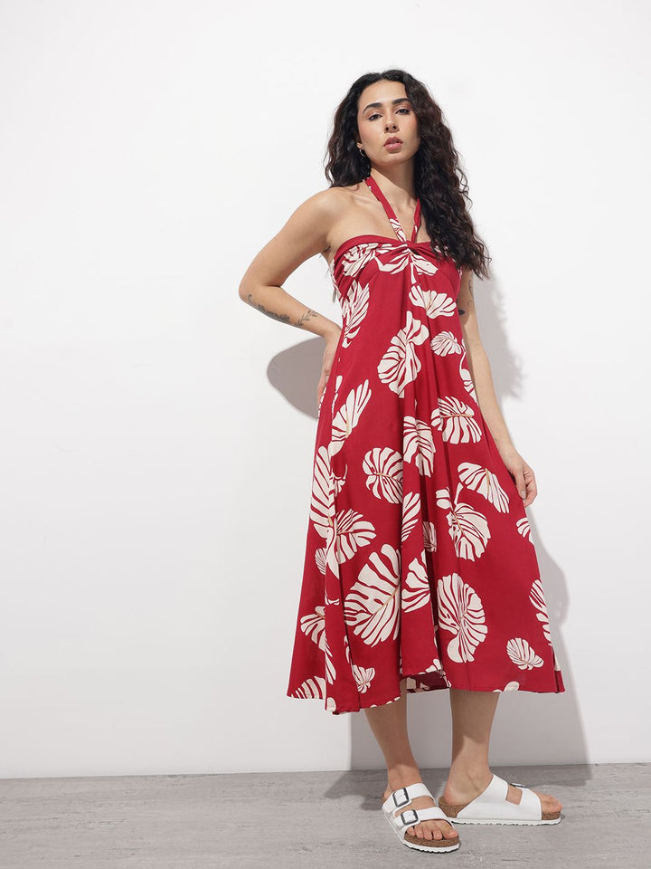 Divena Maroon Shoulder Strapes Fit & Flared Rayon Dress